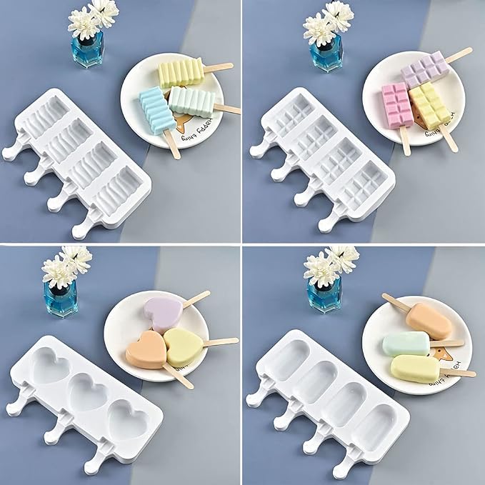 ELANE 4 Pcs Ice Popsicle Molds, Silicone, Cylinder Shaped, White, Ice Pop Molds with 25 Colored Popsicle Sticks