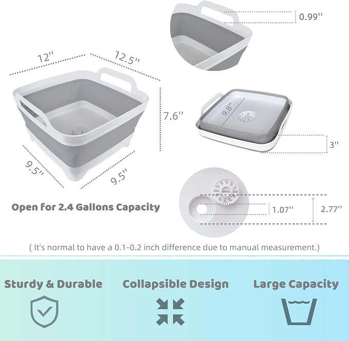 Collapsible Wash Basin with Drain Plug - 2.4 Gallon Foldable Kitchen Sink for Baby Bottles, RV Camping, Space-Saving Dish Tub (Gray-Gray)