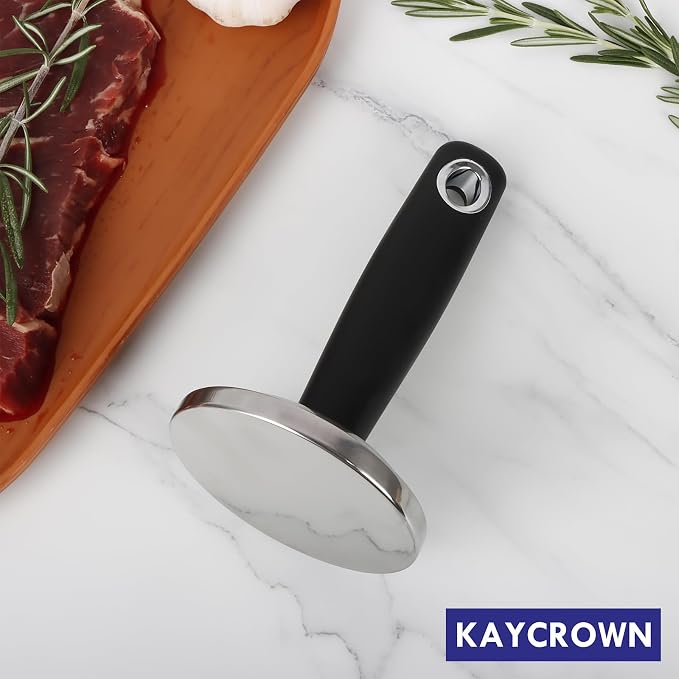 Meat Pounder Tenderizer, Stainless Steel Kitchen Meat Tenderizer Hammer, Round Chicken Flattener Tool with Comfortable-Grip Rubber Handle for Flattening Cutlets and Tenderizing Meat