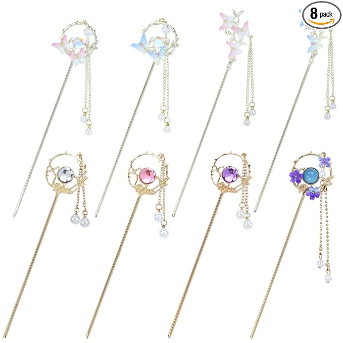 inSowni 8 Pieces Retro Asian Chinese Traditional Hanfu Butterfly Flower Metal Hair Sticks with Pearl Pendants Long Hair Pins Forks Chopsticks Bun Updo Holders for Women Girls