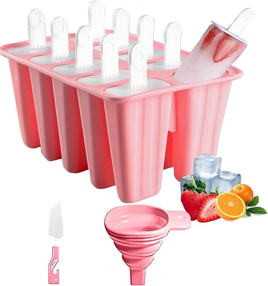 Silicone Popsicle Molds 10 Pcs Ice Pop Maker Molds with 10 Reusable Sticks, Cleaning Brush and Funnel - Homemade Easy-Release Reusable Popsicle Moulds Shapes (Pink)