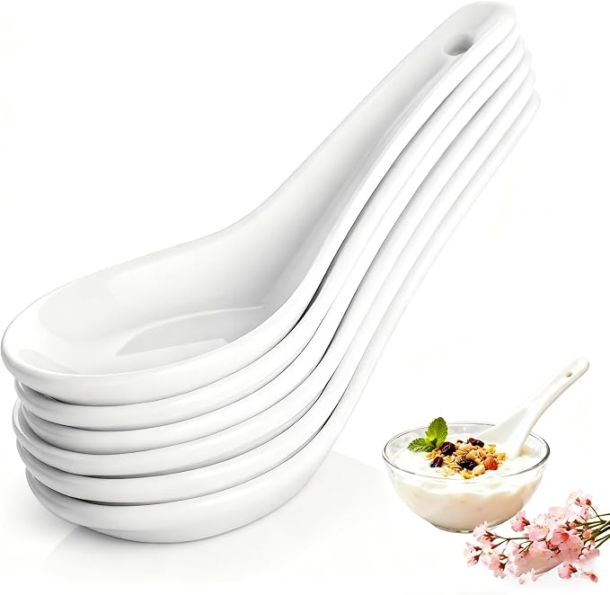 Soup Spoons Set of 6, Asian Ceramic Soup Spoons 5.3" Ramen Spoons | Proper for Pho Miso Wonton Ramen Dumpling Macaron Dishwasher & Oven Safe,Chinese Japanese soup spoons