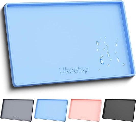 ukeetap 19" x 12" Extra Thick Silicone Mat Waterproof with Raised Edge, BPA Free Non-Slip Dog & Cat Food Mat, Feeding Mat for Food and Water Bowls, Spill Proof Mat to Protect Floors, Blue