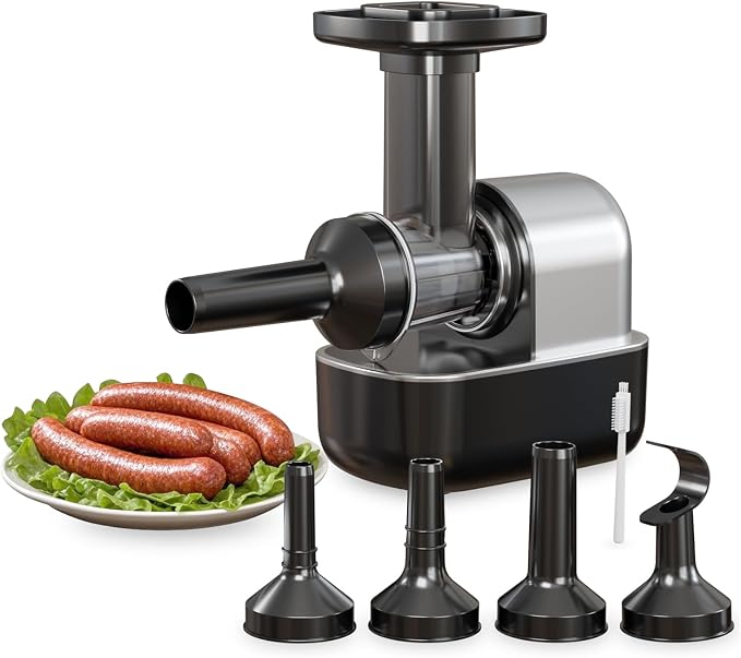 Electric Sausage Stuffer Machine, Automatic Meat Stuffer with 3 Stuffing Tubes and 1 Meatball Tube (Grey）