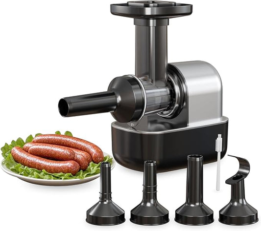 Electric Sausage Stuffer Machine, Automatic Meat Stuffer with 3 Stuffing Tubes and 1 Meatball Tube (Grey）