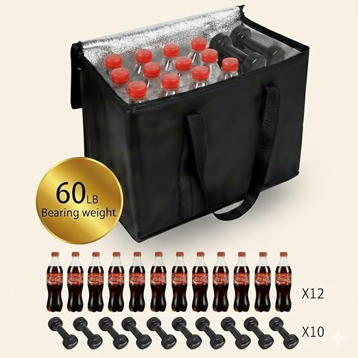 2-Pack, XL-Large Insulated Grocery Shopping Bags, Black, Reusable Bag | Thermal Zipper,Collapsible,Tote,Cooler Bag,Transport hot and Cold,Camping groceries Insulated Food Delivery Bag