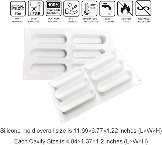 OCPO KITCHEN Eclair Silicone Mold for Baking Mousse Cake, French Dessert, Pastry, Chocolate, Ice Cream, Cake Decoration Mold, 3D Concave Eclair Shape (6-Cavity)