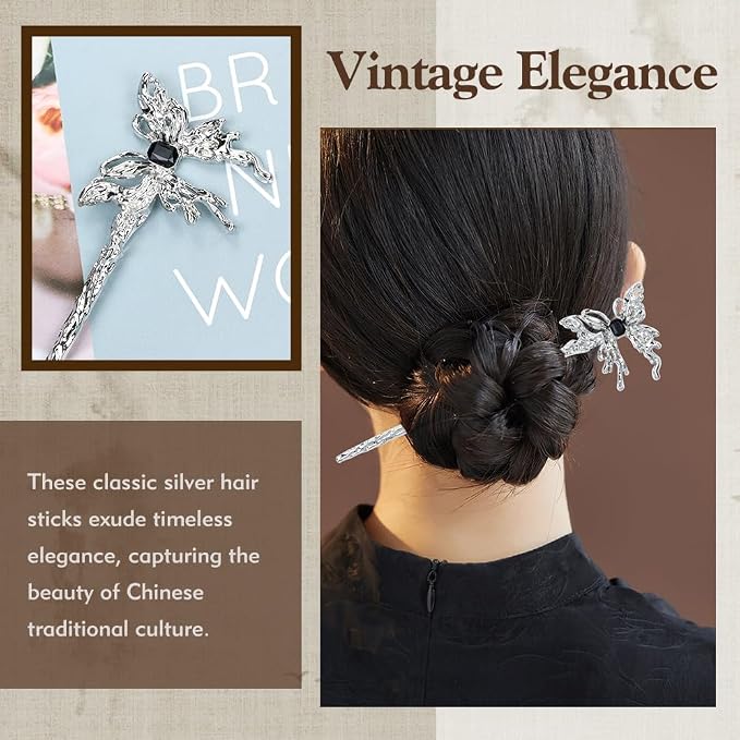 Lawie 10 Pack Silver Metal Hair Sticks Chopsticks Hair Pins Chinese Asian Hanfu Decorative Long Retro Hair Clips Snakes Swords Butterfly Jade Stone Vintage Hair Accessories for Women Girls