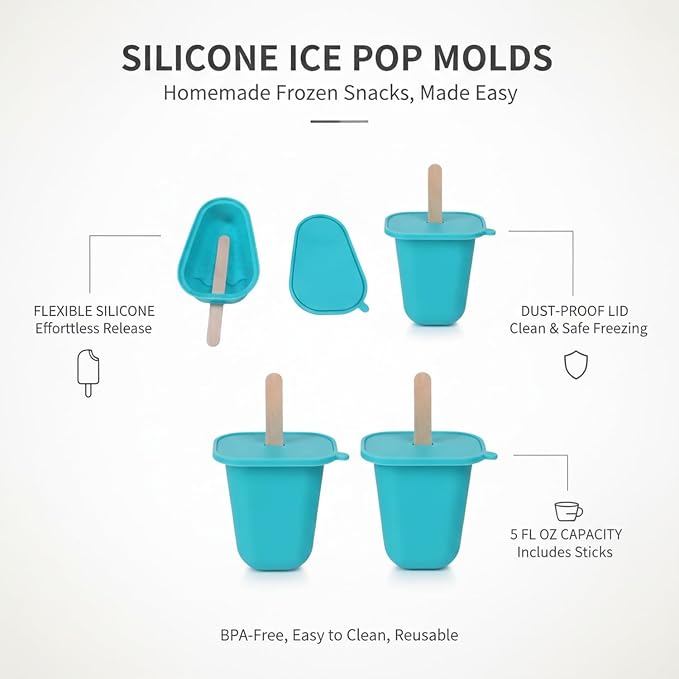Easy-Release Homemade Popsicles with Silicone Mold, Lids & Sticks for Juice or Yogurt, 5 fl oz Capacity
