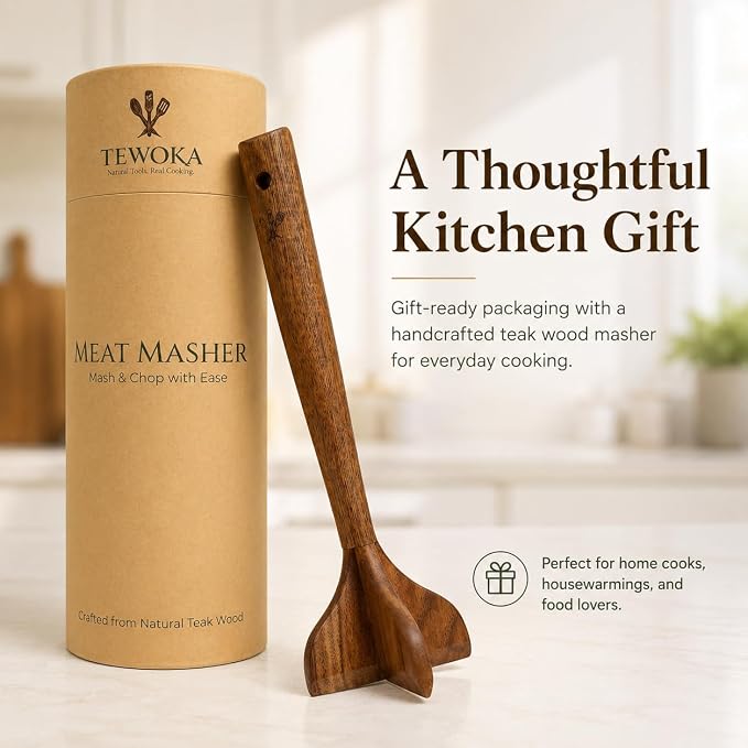 Teak Wood Meat Masher, Wooden Meat Chopper for Ground Beef, Non-Scratch Hamburger Masher & Potato Masher, Heat-Resistant Ground Meat Chopper Tool for Nonstick Cookware