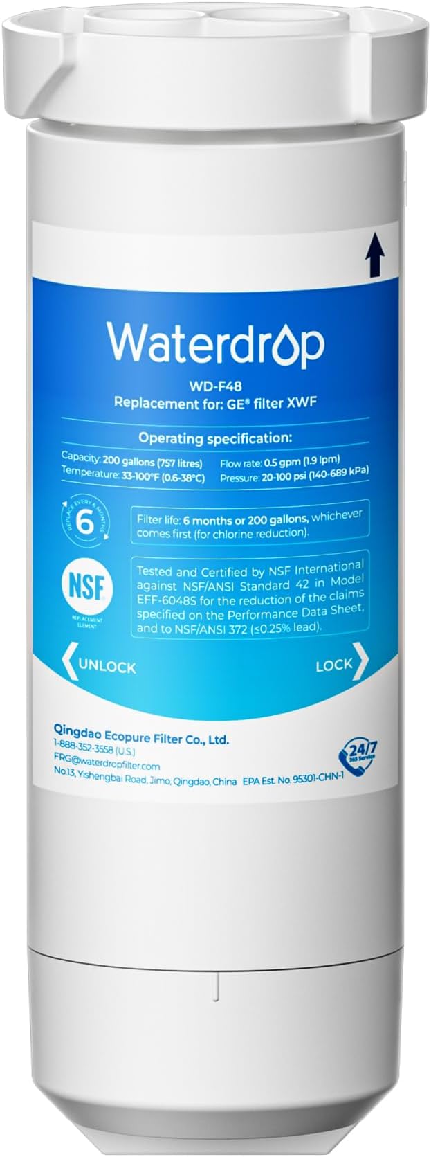 Waterdrop XWF Water Filter Replacement for GE® WR17X30702, No chip | Replacement for GE® XWF, NSF 42 & 372 Certified, Compatible with GE® GNE27, GFE26, GDE25, GSS25, PSE25 Series Refrigerators