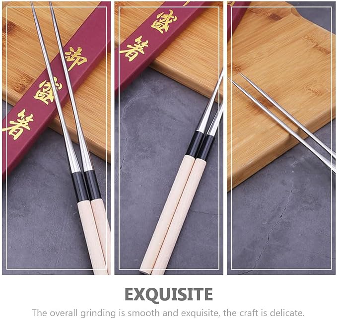 Angoily 2pcs Sashimi Long Chopsticks Stainless Steel Wooden Noodles Chopstick Japanese Cooking Frying Moribashi Sushi Korean Handle Travel Non-slip