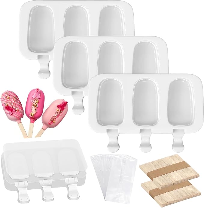 3 Pack Silicone Popsicle Molds with Lids, Cakesicle Ice Cream Mould, White | 3 Cavities per Mold, Food Grade Silicone, Includes 100 Wooden Sticks & 100 Bags, for Cake Pops, Ice Cream, Homemade Desserts