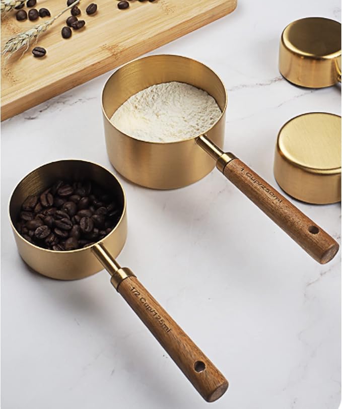 4pcs Stainless Steel Measuring Cups Wooden Handle, 4 Sizes, Gold | Measuring Cup and Spoon Set, Measuring Scoops, For Measuring Dry and Wet Ingredients, 250ml, 125ml, 80ml, 60ml