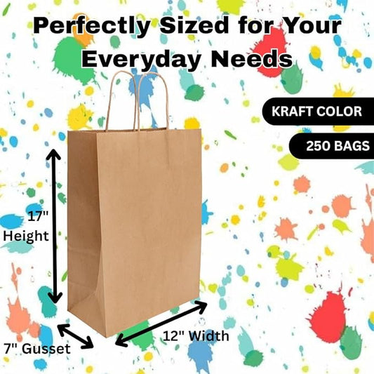 DIY Paper Bags - 250 units - Kraft Color - 12"x7"x17"- 74LB (110 GSM strong) Flat Handle Recyclable Bags for Kids Drawing, Decorating and Creative Projects - 12717NKPAPFLATH - AssurePak