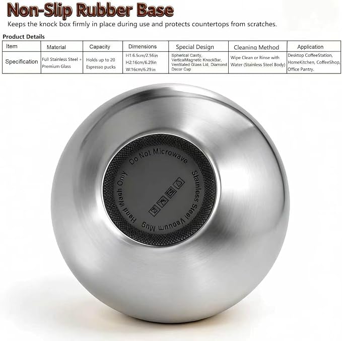 Upgraded Stainless Steel Espresso Knock Box Coffee Knock Box with Glass Lid and Magnetic Removable Knock Bar, Holds 20Double Espresso pucks & Coffee Grounds (Silver)