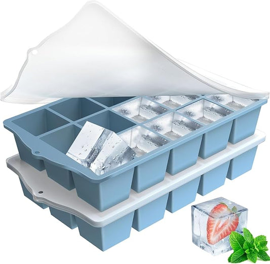 FANYITY Silicone Ice Cube Trays 2-Pack with Locks lids,Easy Release Ice Molds for Freezer,Perfect for Cocktails, Whiskey, Coffee