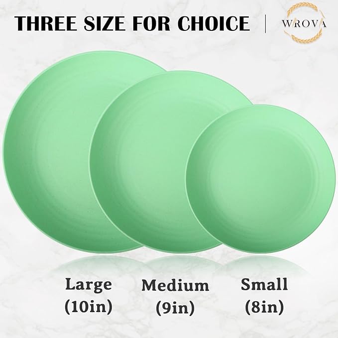Wrova Wheat Straw Plates - 10 Inch Unbreakable Dinner Plates Set of 8 - Dishwasher & Microwave Safe Plastic Plates Reusable for Kitchen and Camping (Light Green)