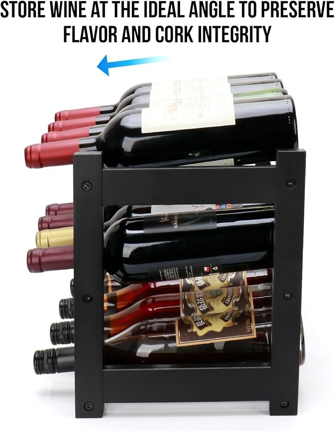 Bamboo Wine Rack, 3-Tier 12 Bottles Wine Storage Cabinet Shelf, Easy-Assembly Freestanding Bamboo Wine Racks Countertop for Kitchen Pantry Dining Room Bar, Black