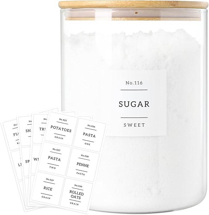 CZSZYGHBAO Large Glass Flour and Sugar Containers Jars with Bamboo Airtight Lid - 100 Fl Oz (3000ml) with Kitchen 42 Pantry Labels for Dry Food, Flour, Pasta, Cereal