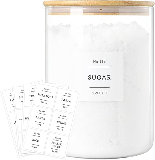 CZSZYGHBAO Large Glass Flour and Sugar Containers Jars with Bamboo Airtight Lid - 100 Fl Oz (3000ml) with Kitchen 42 Pantry Labels for Dry Food, Flour, Pasta, Cereal