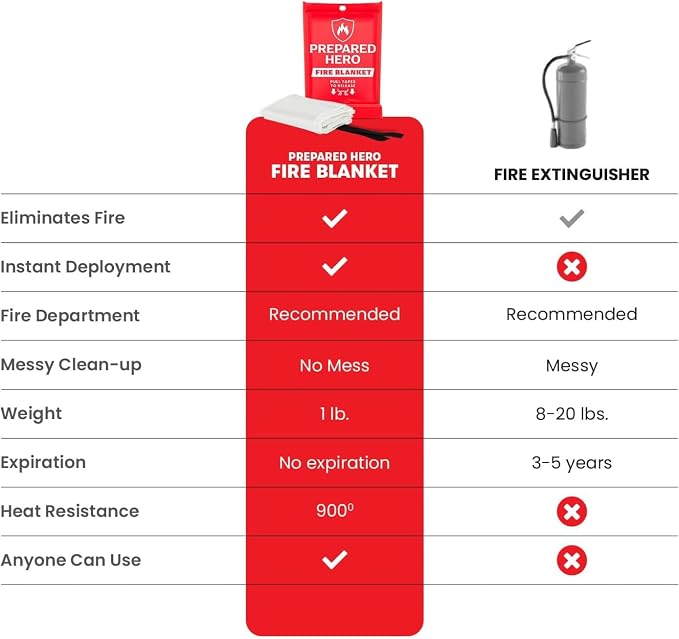 Prepared Hero Emergency Fire Blanket, Kitchen & Home, 39 x 39 in, 8 Pack | Smothers Grease, Gas And Electric Flame Emergencies With No Sprays, Cleanup Or Residue; Kitchen, Home And Camping Ready