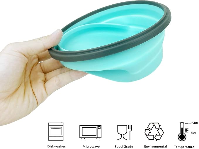CCyanzi 1200ml Collapsible Camping Bowl Silicone Food Storage Container with Lid and Foldable Stainless Steel Fork Spoon, for Picnic, Travel, Camping, RV, Fridge and Microwave Bowls