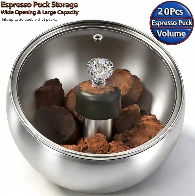Upgraded Stainless Steel Espresso Knock Box Coffee Knock Box with Glass Lid and Magnetic Removable Knock Bar, Holds 20Double Espresso pucks & Coffee Grounds (Silver)