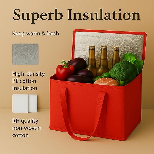 musbus 2Pk Insulated Reusable Grocery Bags, Collapsible Cooler Bag for Groceries, Heavy Duty Large Insulated Bag (Large, Bright Red)
