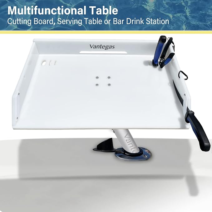 Boat Cutting Board Bait Table Filet Board For Fish Cleaning Station White Fishing Fillet Table, In Single Rod Holder With Plier Storage and Knife Slot, Marine Accessories For Boats Grill