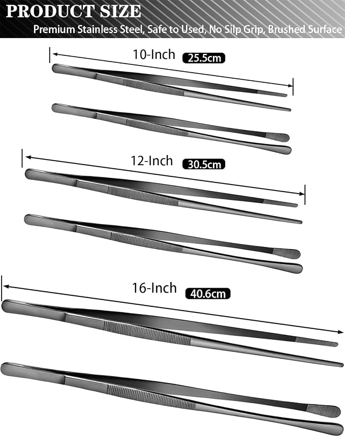 JETKONG 4 Pcs Kitchen Tweezers Professional Stainless Steel Cooking Tweezers Set, Black Kitchen Food Tweezer Tongs for Cooking, Repairing, and BBQ (10+12-Inch, Black)