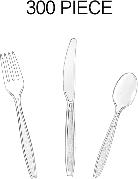 Cutlery Set Plastic Utensils Clear Forks Spoons Knives Disposable Silverware Heavyweight [300 Combo Box] (Formerly FULING)