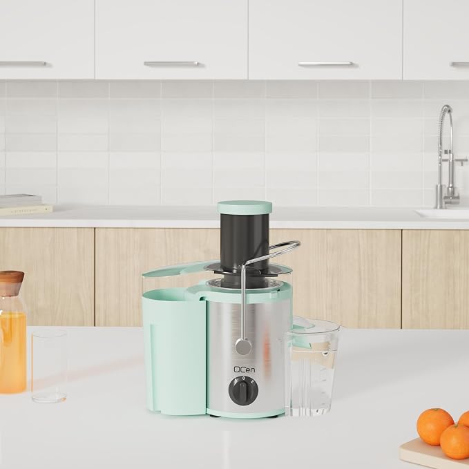 QCen Juicer Machine 500W Centrifugal Juicer with Extra Wide Feed Chute | For Fruits And Vegetables, Stainless Steel, BPA-Free Parts, Easy To Clean, Aqua, Compact Countertop Juicer