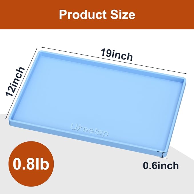 ukeetap 19" x 12" Extra Thick Silicone Mat Waterproof with Raised Edge, BPA Free Non-Slip Dog & Cat Food Mat, Feeding Mat for Food and Water Bowls, Spill Proof Mat to Protect Floors, Blue
