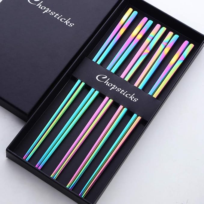 Buyer Star Rainbow Stainless Steel Chopsticks - 5-Pair Reusable Chinese Square Chopsticks