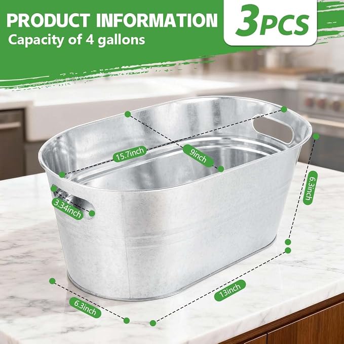 OBTANIM 3 Pack 4 Gallon Galvanized Ice Buckets Metal Champagne Drink Cooler Storage Ice Tub with Handles for Beer Cocktails Wine Beverage Home Parties Bar Cooling Supplies
