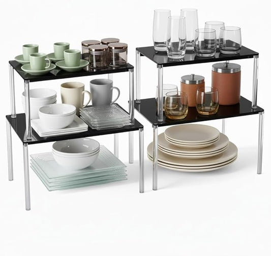 Cabinet Organizer Acrylic Spice Rack, 4 Pack Stackable Shelf Riser for Kitchen Pantry Countertop, Expandable Storage Organizer for Bathroom Office