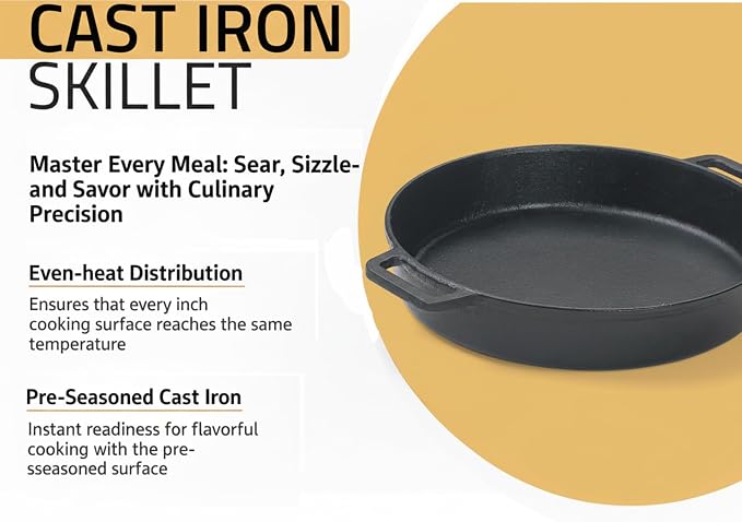 ESTAS 10.25 Inch Cast Iron Skillet with Dual Assist Handles – Pre-Seasoned Frying Pan for Oven, Stovetop, Grill & Campfire – Superior Heat Retention - Includes 5.5 Inch Cast Iron Mini Skillet