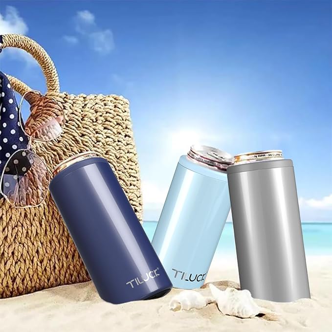 TILUCK Skinny Can Cooler, Stainless Steel Insulated Slim Cans, 12 oz | Beer & Hard Seltzer, Doucle-Walled Stainless Steel Insulated Slim Cans, Slim 12 oz (Glitter Sky)