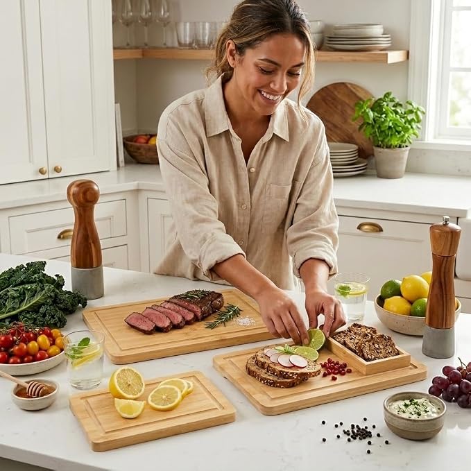 Bamboo Cutting Board Set of 3 with Stand | Natural Sustainable Wood Chopping Boards for Kitchen | Mess-Free Juice Grooves & Comfortable Side Handles | Gentle on Knife Blades, Durable
