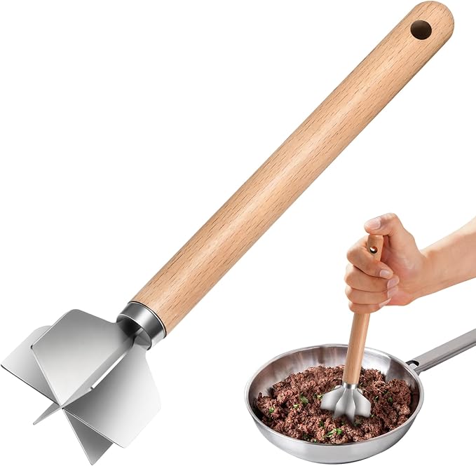 11 inch Stainless Steel Meat masher with 6 Blades, Metal Potato Masher, Ground Beef chopper tool, Suitable For Making Ground meat, Mashed potatoes, Jam and more（one pack)