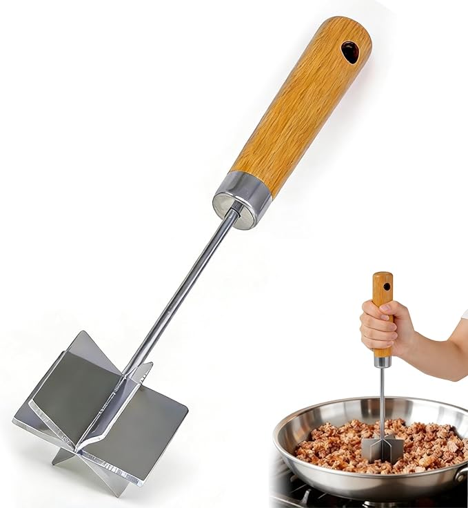 Stainless Steel Meat Chopper & Masher, 10.6 Inch Ground Beef Chopper Tool with 6 Curve Blades & Wooden Handle, Heat Resistant Meat Masher, Heavy-Duty Hamburger Smasher & Multi-Use Kitchen Tool
