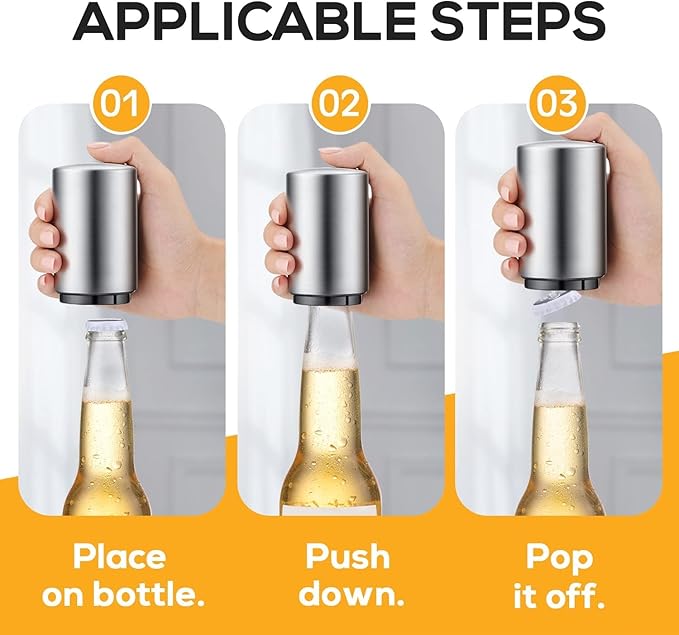 6 Pack Premium Beer Bottle Opener (Silver), Automatic Bottle Openers, Stainless Steel Push Down Beer Opener, No Damage to Bottle Cap, Portable Pop the Top Bottle Opener for Home Bars Camping Party