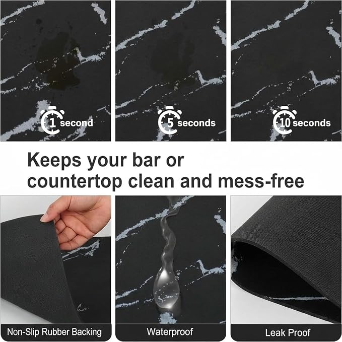 ZLR Coffee Bar Mat for Keurig & Nespresso, 12"x16" Small, Marble Black | Absorbent Dish Drying Mat, Stain-Hiding PU Leather Top, Non-Slip Rubber Back, Heat-Resistant, Fits Frother & Pour-Over