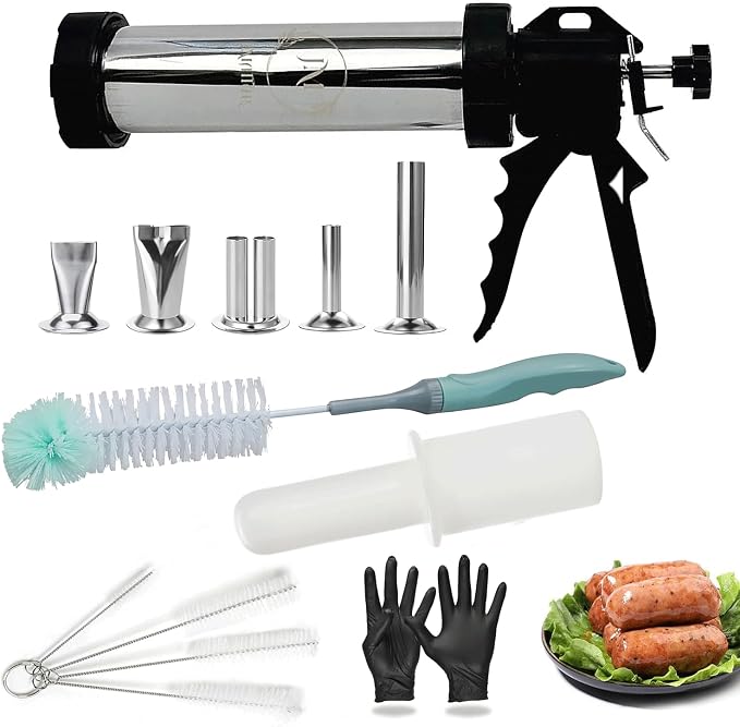 2LB Professional Jerky Gun Kits, Sausage Stuffer, Stainless Steel Jerky Maker, Jerky Shooter, Beef Jerky Making Gun with 5 Nozzles, 1 Meat Pusher, 5 Cleaning Brushes and Pair of Gloves