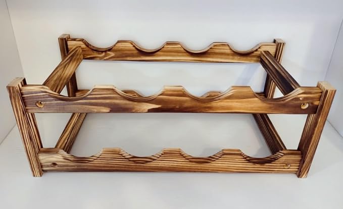 8-Bottle Wood Wine Rack - 2-Tier Countertop Wine Bottle Holder for Kitchen, Bar, Pantry, Dining Room | Small Freestanding Stackable Liquor Storage Organizer, Carbonized Pine