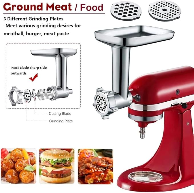 GVODE Metal Meat Grinder Attachment for KitchenAid Stand Mixer | Meat Grinders Includes 4 Grinding Plates, 3 Sausage Stuffer Tubes, 2 Grinding Blades, for KitchenAid Mixer Attachments