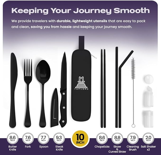 Taplord Portable Travel Silverware Set With Case, Includes 10 Pcs of Travel Utensils With Case, Stainless Steel Flatware Set For Camping, Lightweight (Black)