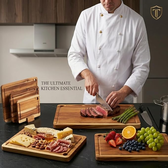 Extra Large Teak Wood Cutting Board for Kitchen, Knife-Friendly Chopping Boards with Juice Grooves & Storage Stand, Heavy Duty Wooden Boards for Meat, Fruit & Cheese, Ideal Housewarming Gift