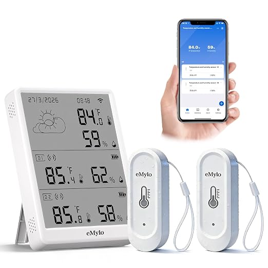 eMylo WiFi Thermometer Hygrometer with 2 IP65 Outdoor Sensors, 328Ft Range | Digital Temperature Humidity Monitor with App Alerts, Free Data Export, Indoor Thermometer for Home, Greenhouse, Wine Cellar﻿